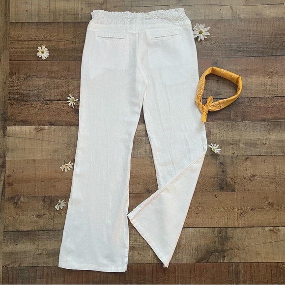 White Linen Blend Drawstring Pants Smocked Waist Flared by Lovetree - Picture 10 of 13